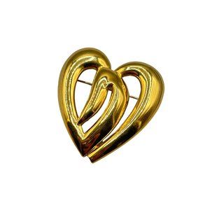 Unsigned Anne Klein Gold Tone Heart Pin Brooch Shiny Metal 90s Costume Jewelry